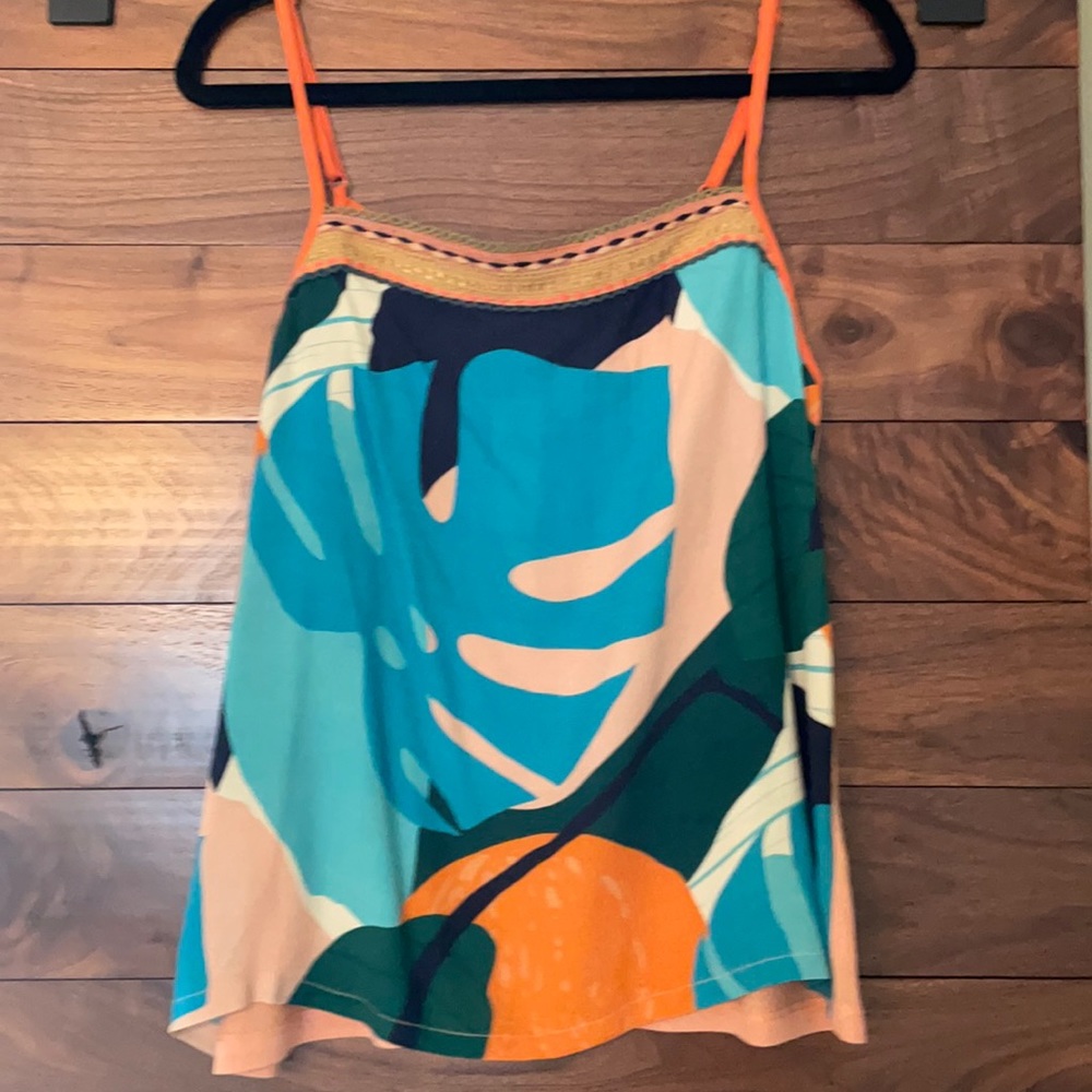 Anthropologie Bright Tropical Print Tank Top in Teal, Orange, Green, Navy